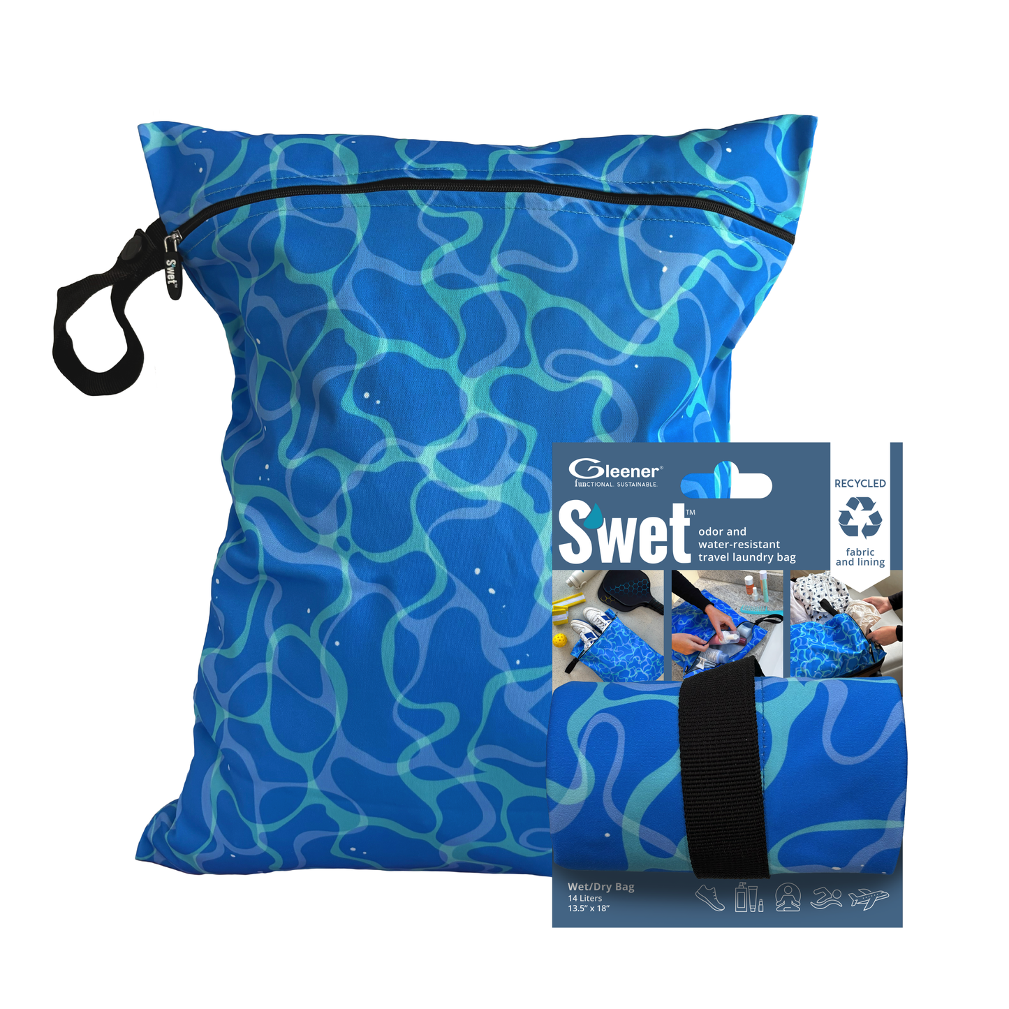 S'wet Travel Laundry Bag | Recycled fabric & Lining | Wet\Dry bag | 14 x 18