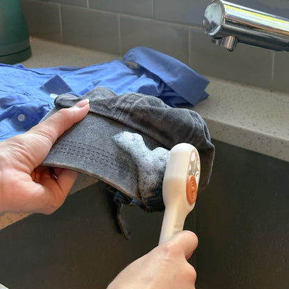 Quick Clean Scrub Brush | Shoe & fabric brush with built-in soap dispenser